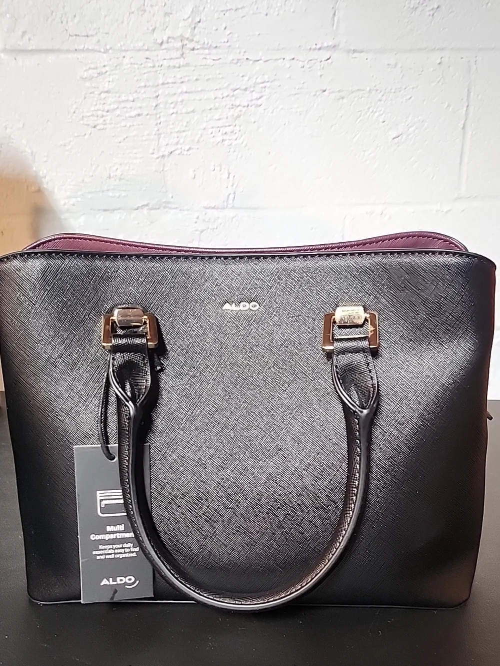 ALDO Black Satchel with Plum Trim and Gold Hardware